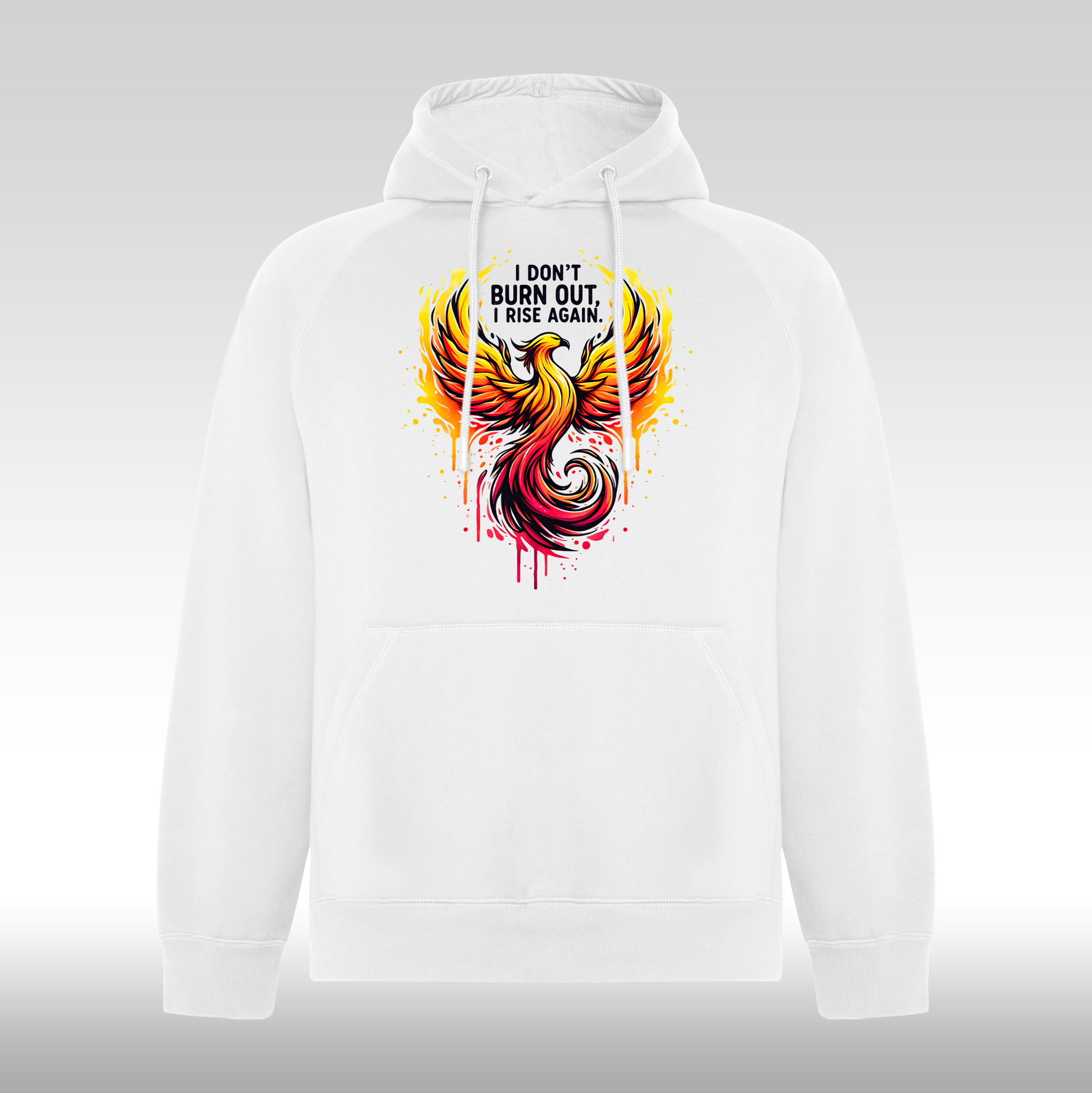 Hanorac alb personalizat phoenix "I Don't Burn Out, I Rise Again" streetwear
