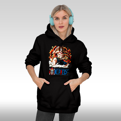Hanorac negru personalizat Fata Dama anime "Fire Monkey D. Luffy" streetwear
