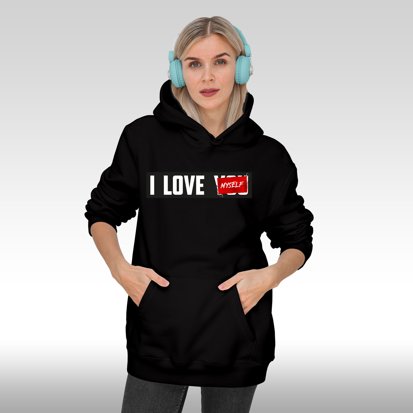 Hanorac negru personalizat Fata dama urban "I love Myself" streetwear
