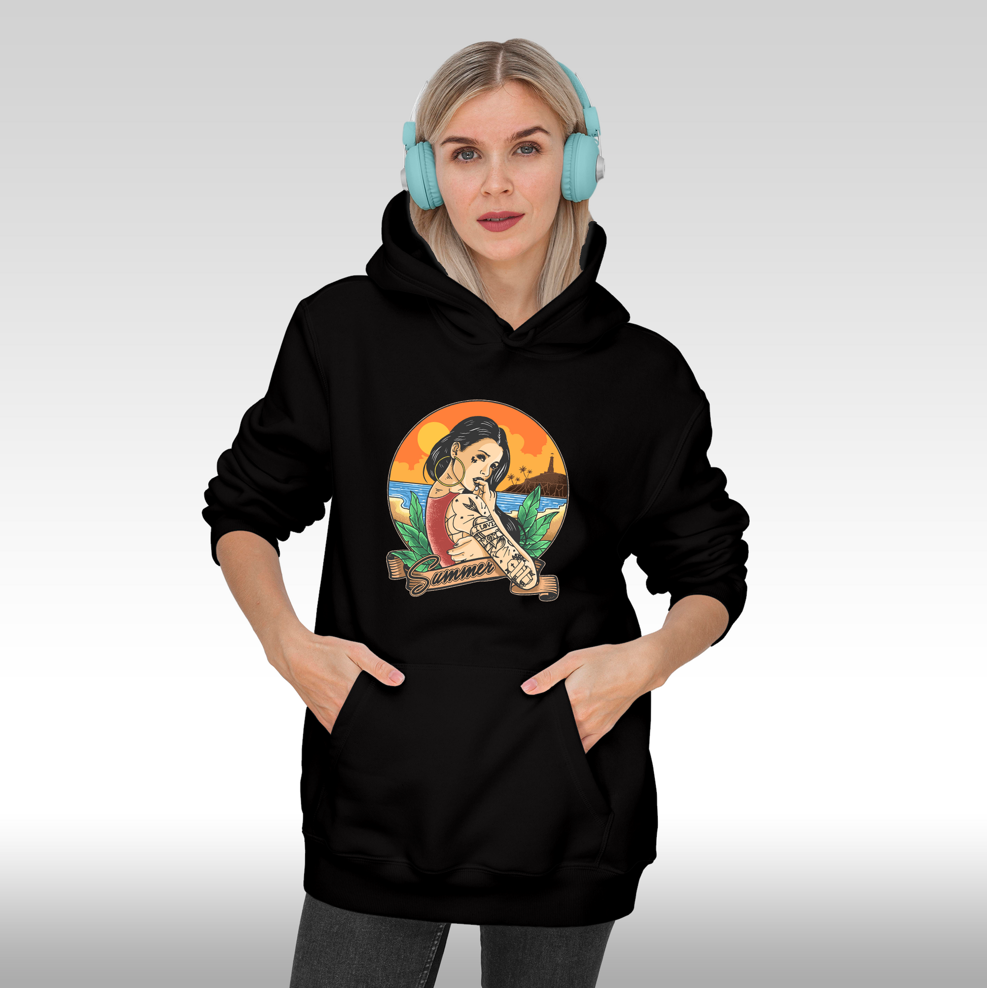 Hanorac negru personalizat Fata Dama urban "Summer Tattoo Girl" streetwear
