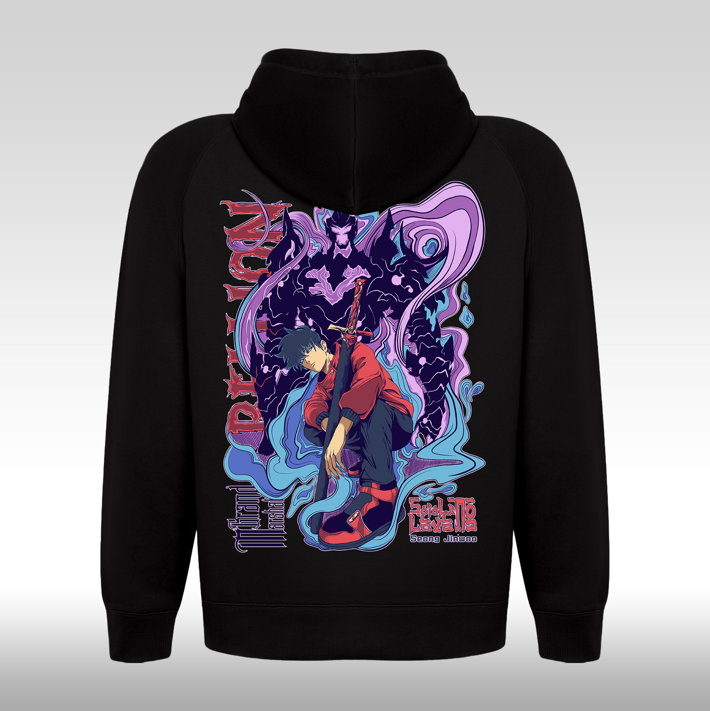 Hanorac negru personalizat Spate anime "Solo Leveling Sung Ji Woo" streetwear