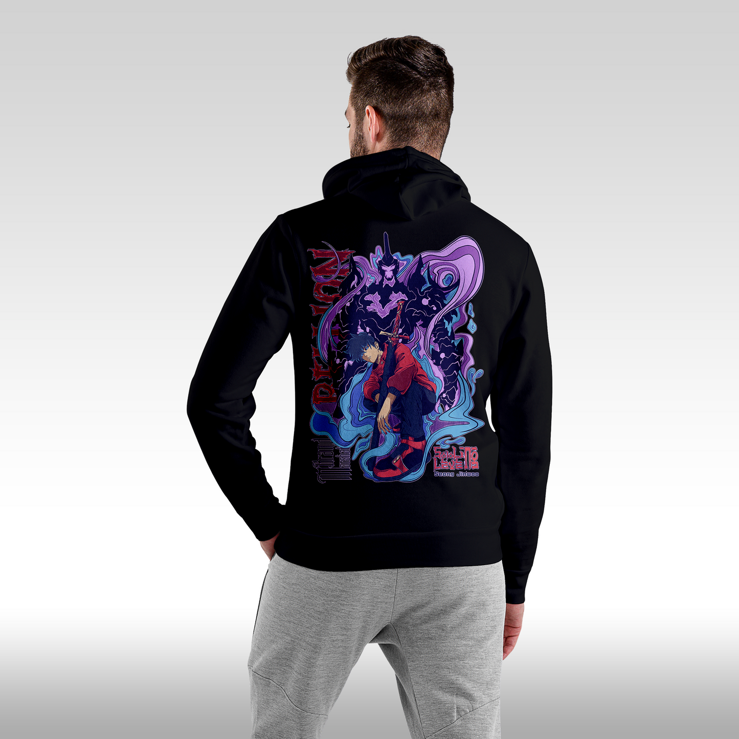 Hanorac negru personalizat Spate barbat anime "Solo Leveling Sung Ji Woo" streetwear