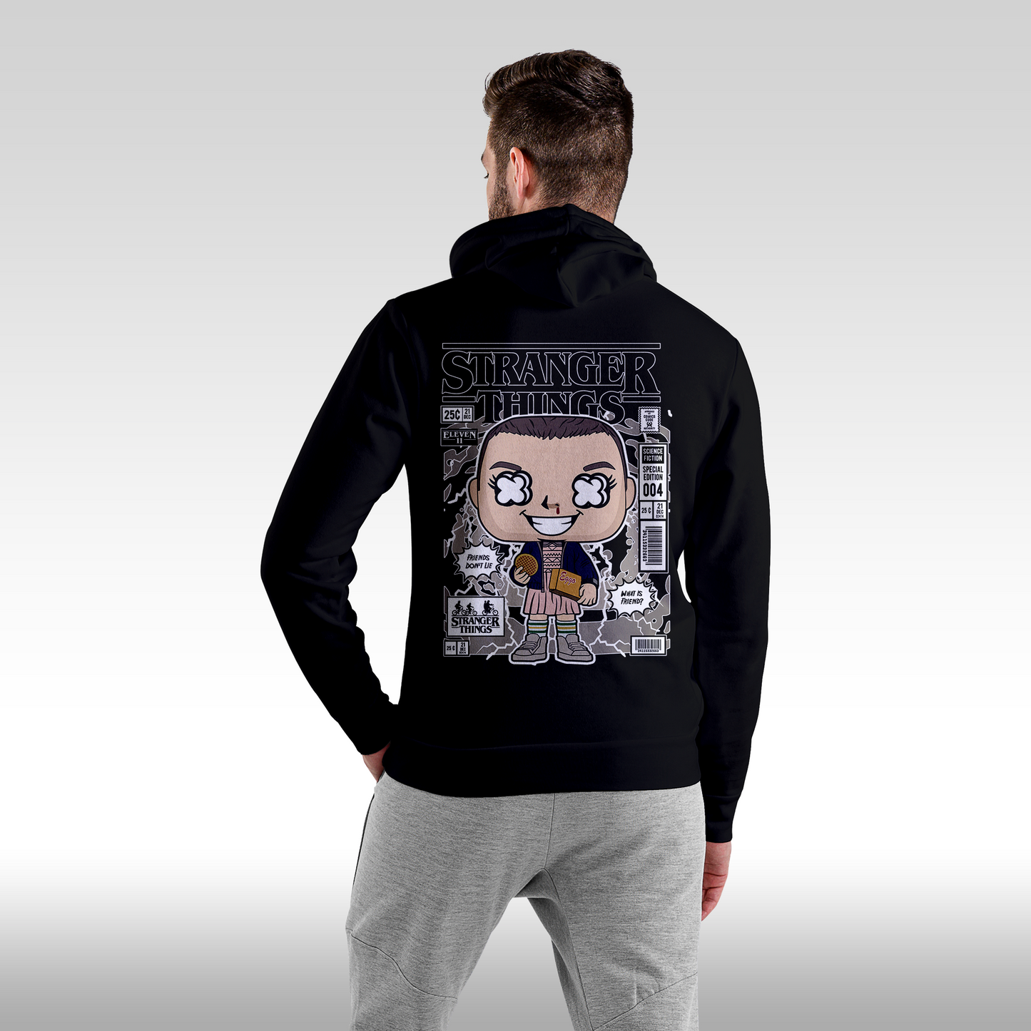 Hanorac negru personalizat Spate barbat urban "Stranger Things" streetwear