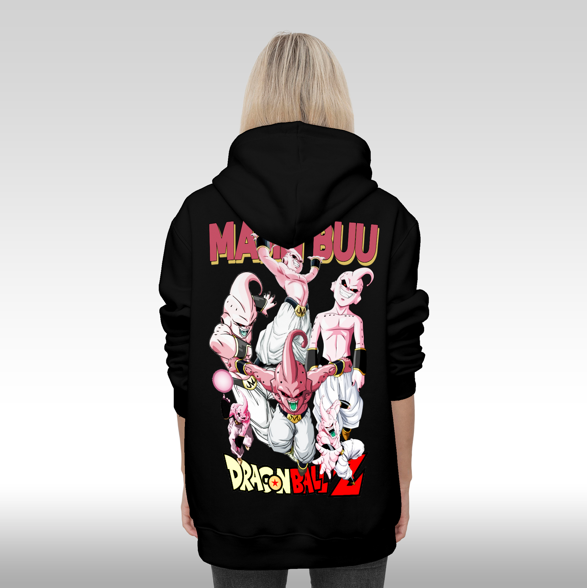 Hanorac negru personalizat Spate Dama anime "Majin Buu" streetwear
