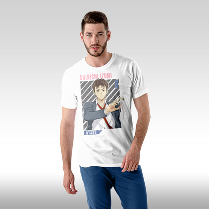 Tricou Alb personalizat bumbac Barbat anime "Shinichi Izumi Parasyte" streetwear
