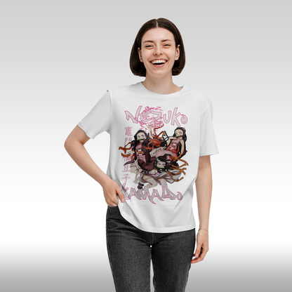 Tricou Alb personalizat bumbac Fata Dama anime "Demon Slayer: Nezuko Kamado" streetwear
