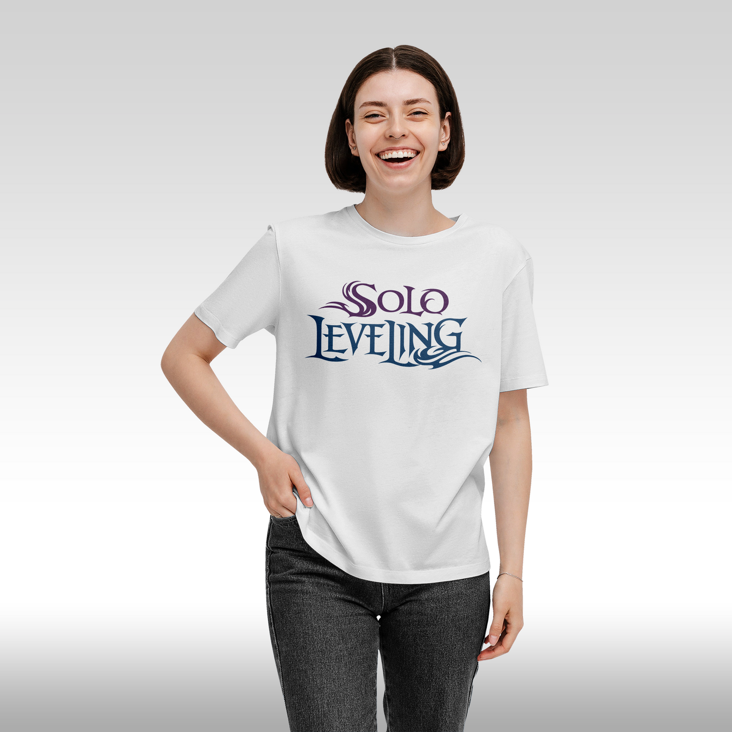 Tricou Alb personalizat bumbac Fata Dama anime "Solo Leveling" streetwear
