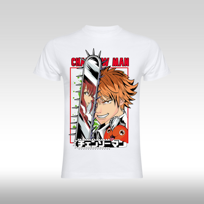 Tricou Alb personalizat bumbac anime "Chainsaw Man: Denji" streetwear
