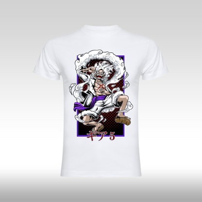 Tricou Alb personalizat bumbac anime "One Piece Luffy Gear 5 White" streetwear
