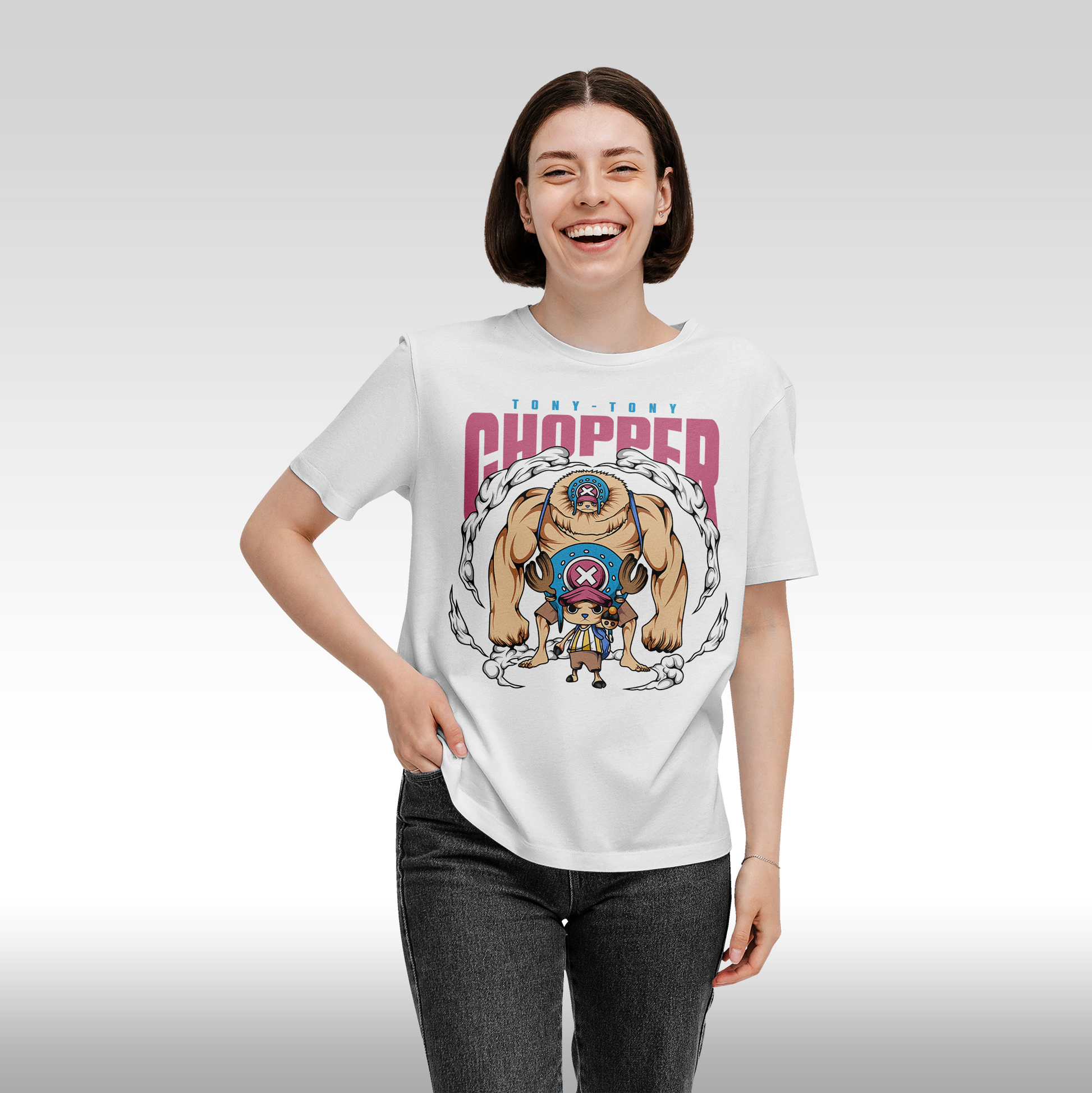 Tricou alb personalizat bumbac Fata dama anime "One Piece Tony-Tony Chopper", streetwear
