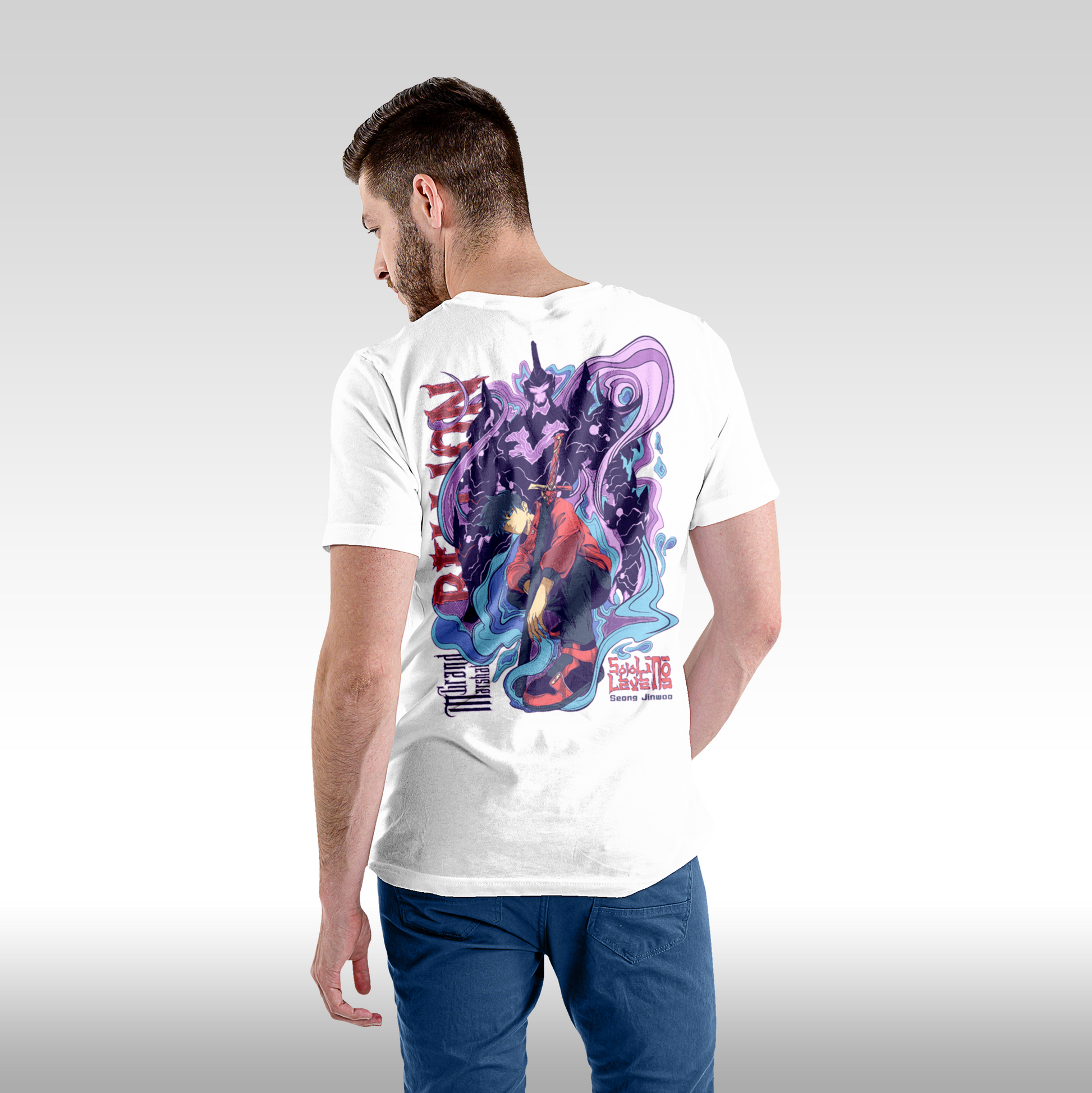 Tricou Alb personalizat bumbac Spate Barbat anime "Solo Leveling: Sung Ji Woo" streetwear