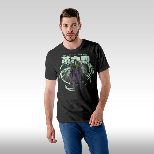 Tricou Negru personalizat bumbac Fata Barbat anime "One Piece Monkey D. Dragon" streetwear
