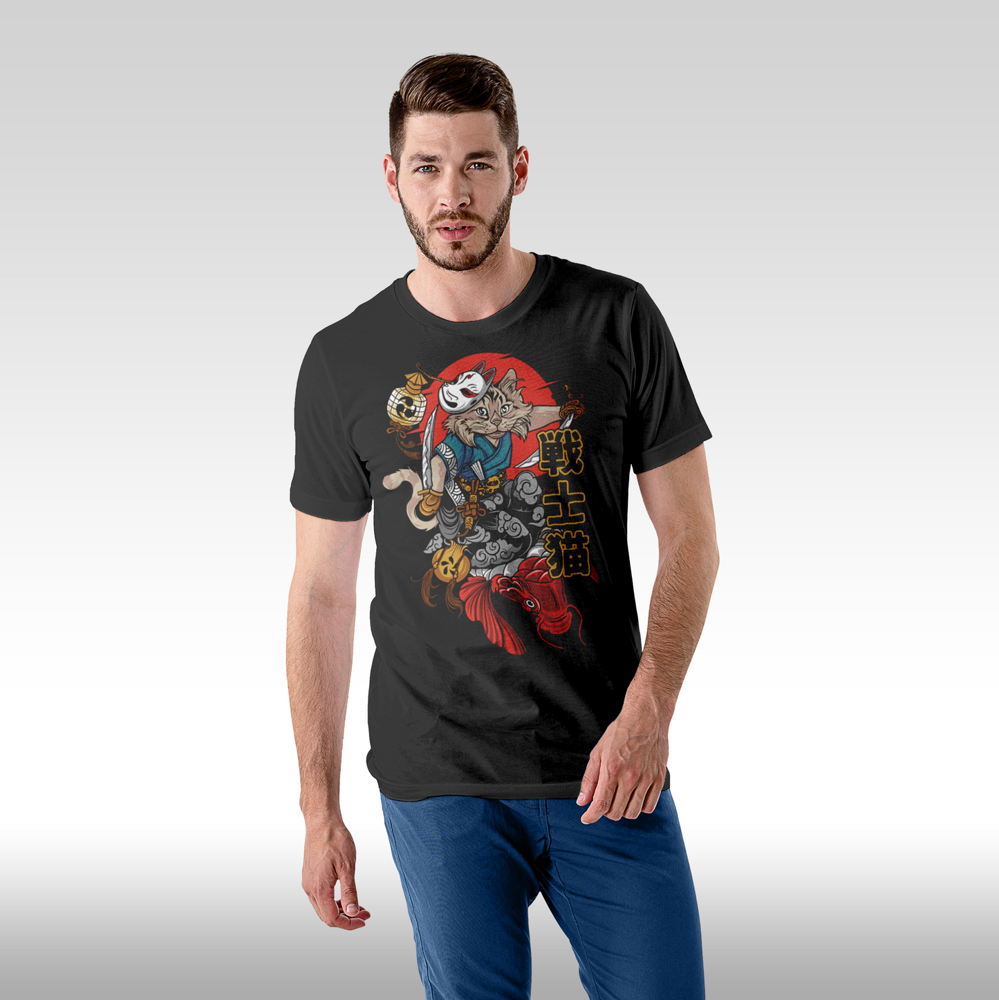 Tricou Negru personalizat bumbac Fata barbat anime "Ninja Cat" streetwear
