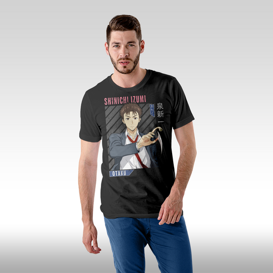 Tricou Negru personalizat bumbac Fata Barbat anime "Shinichi Izumi Parasyte" streetwear
