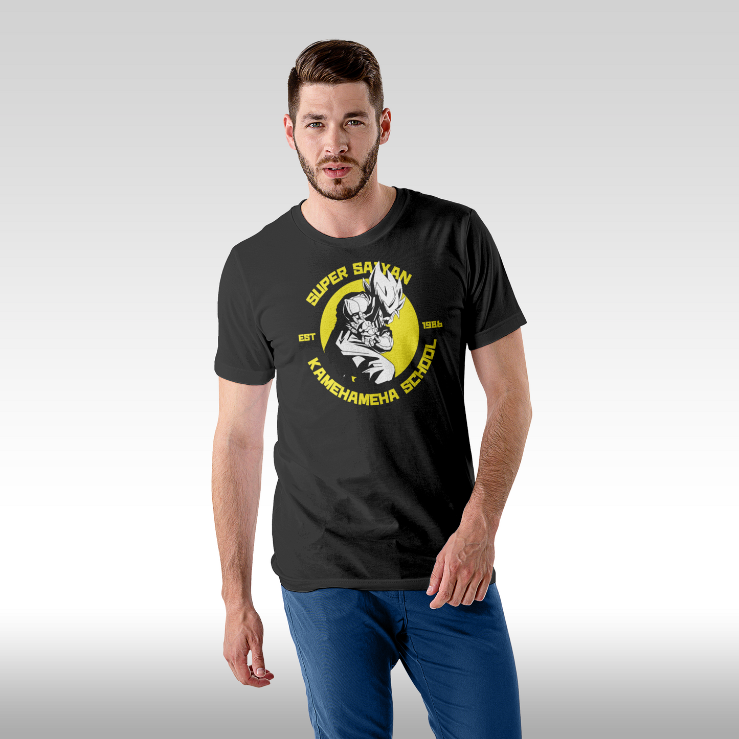 Tricou Negru personalizat bumbac Fata barbat anime "Super Sayan Kamehameha School" streetwear
