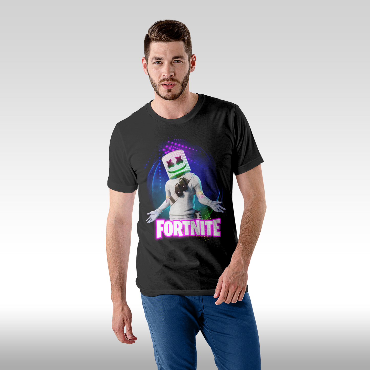 Tricou Negru personalizat bumbac Fata barbat gaming "Fortnite Marshmello" streetwear
