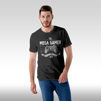 Tricou Negru personalizat bumbac Fata barbat gaming "The Mega Gamer" streetwear
