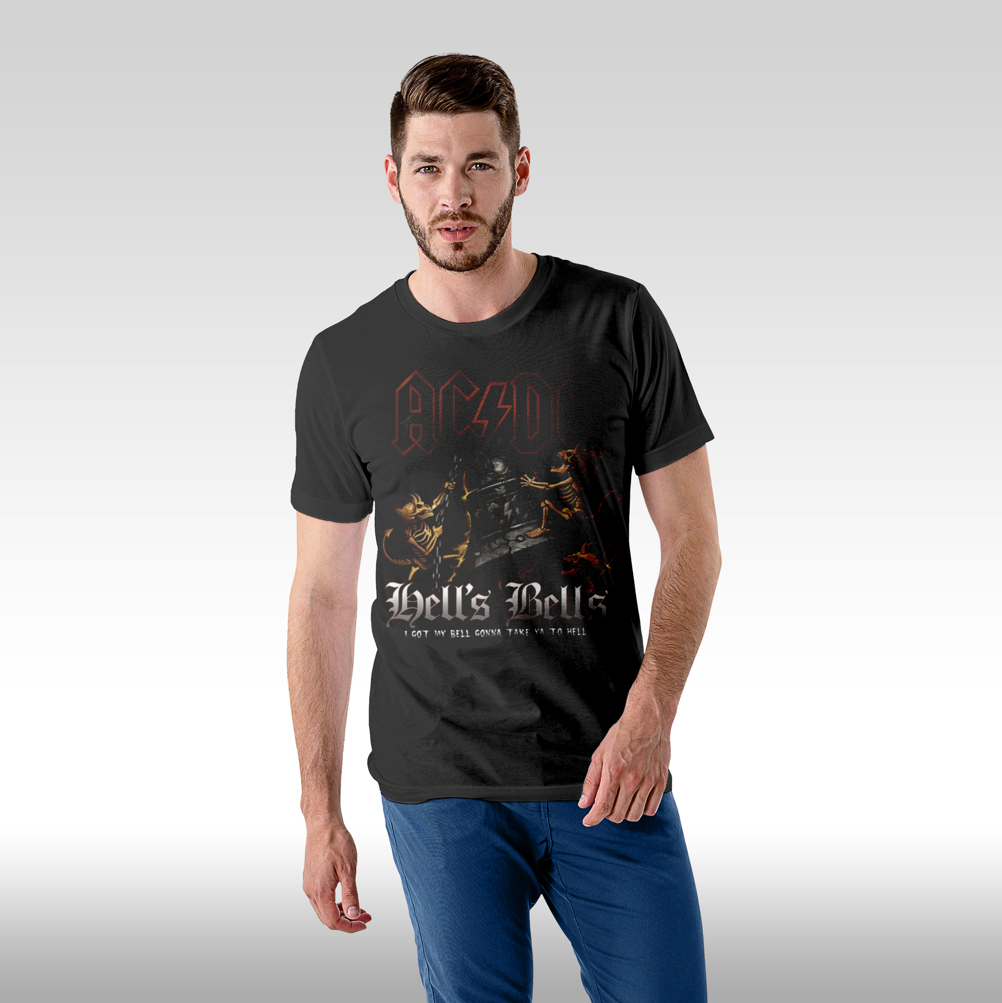 Tricou Negru personalizat bumbac Fata barbat rock "AC DC Hell Bells" streetwear
