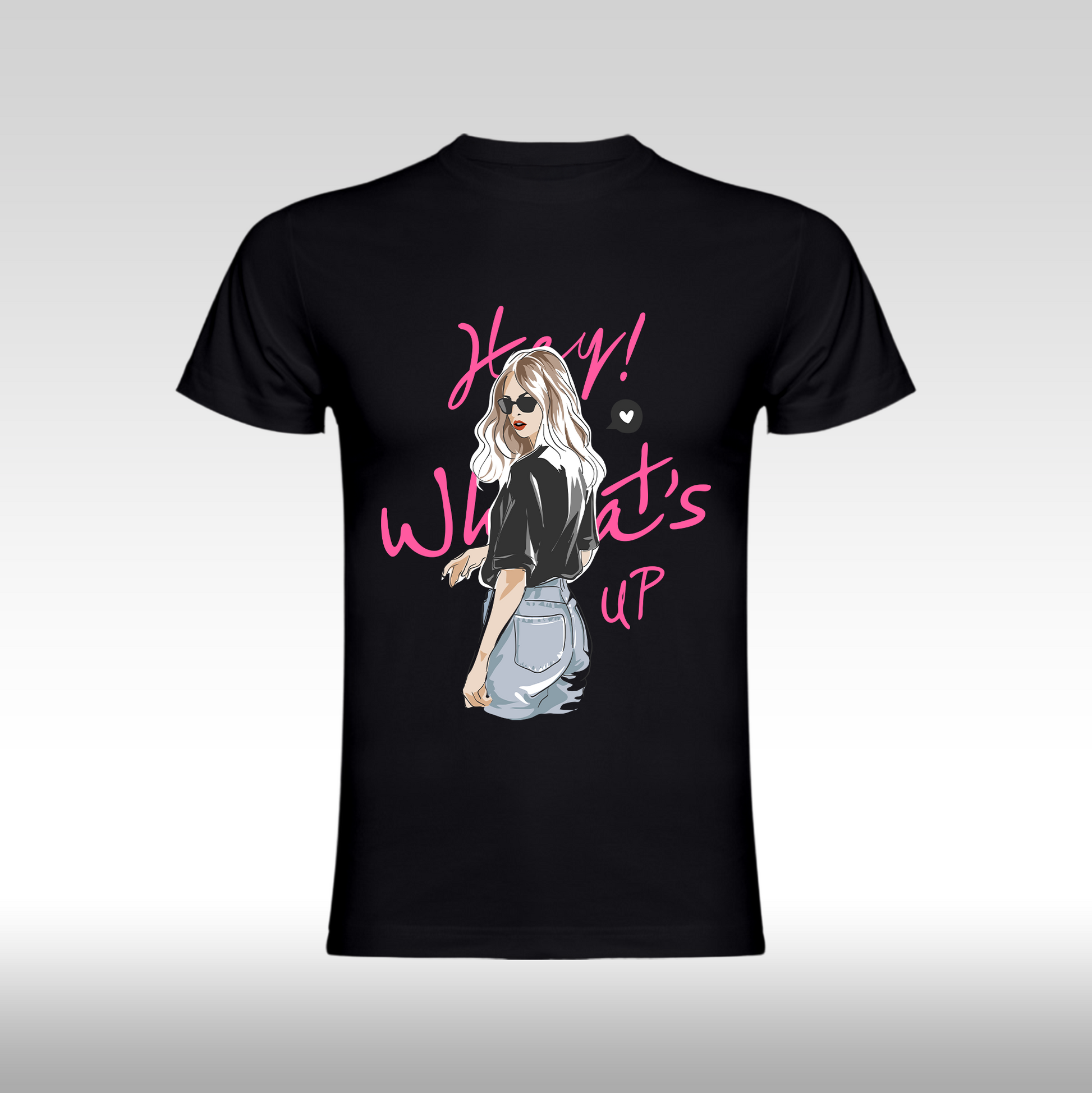 Tricou Negru personalizat bumbac Fata Dama blonda "Hey! What's Up" streetwear
