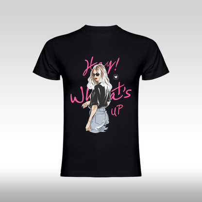 Tricou Negru personalizat bumbac Fata Dama blonda "Hey! What's Up" streetwear
