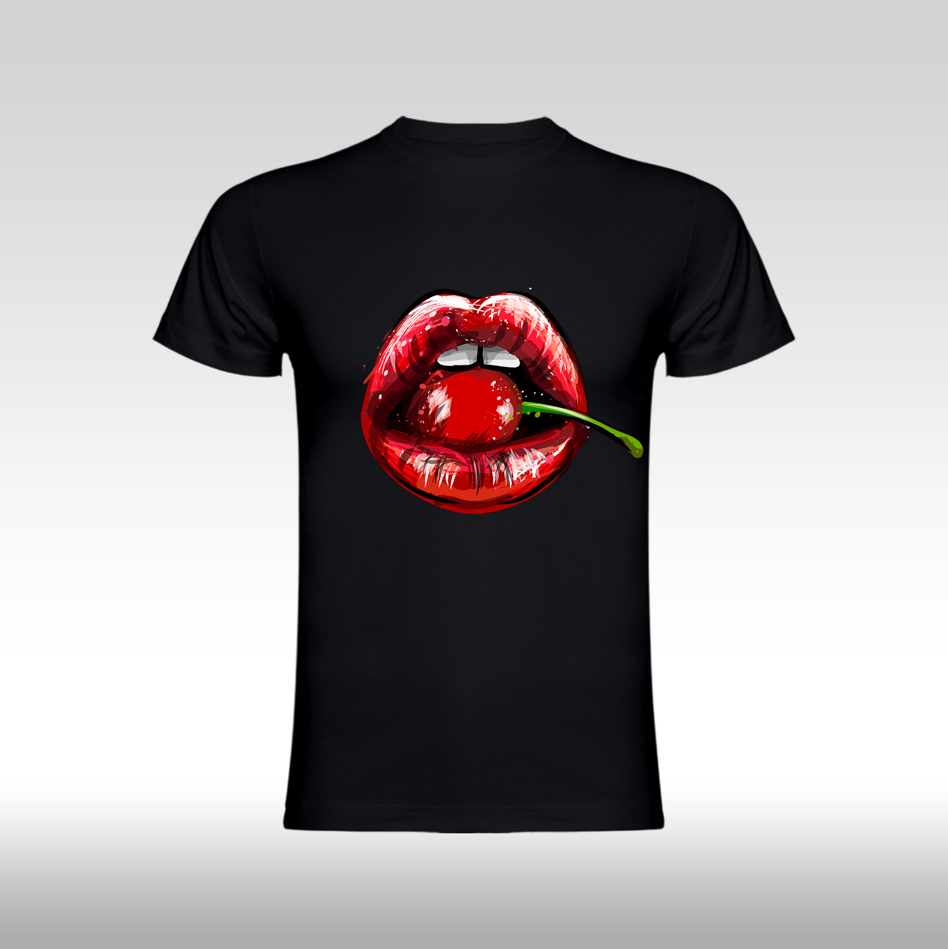 Tricou Negru personalizat bumbac Fata Dama buze "Cherry Kiss" streetwear
