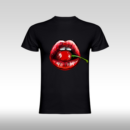 Tricou Negru personalizat bumbac Fata Dama buze "Cherry Kiss" streetwear

