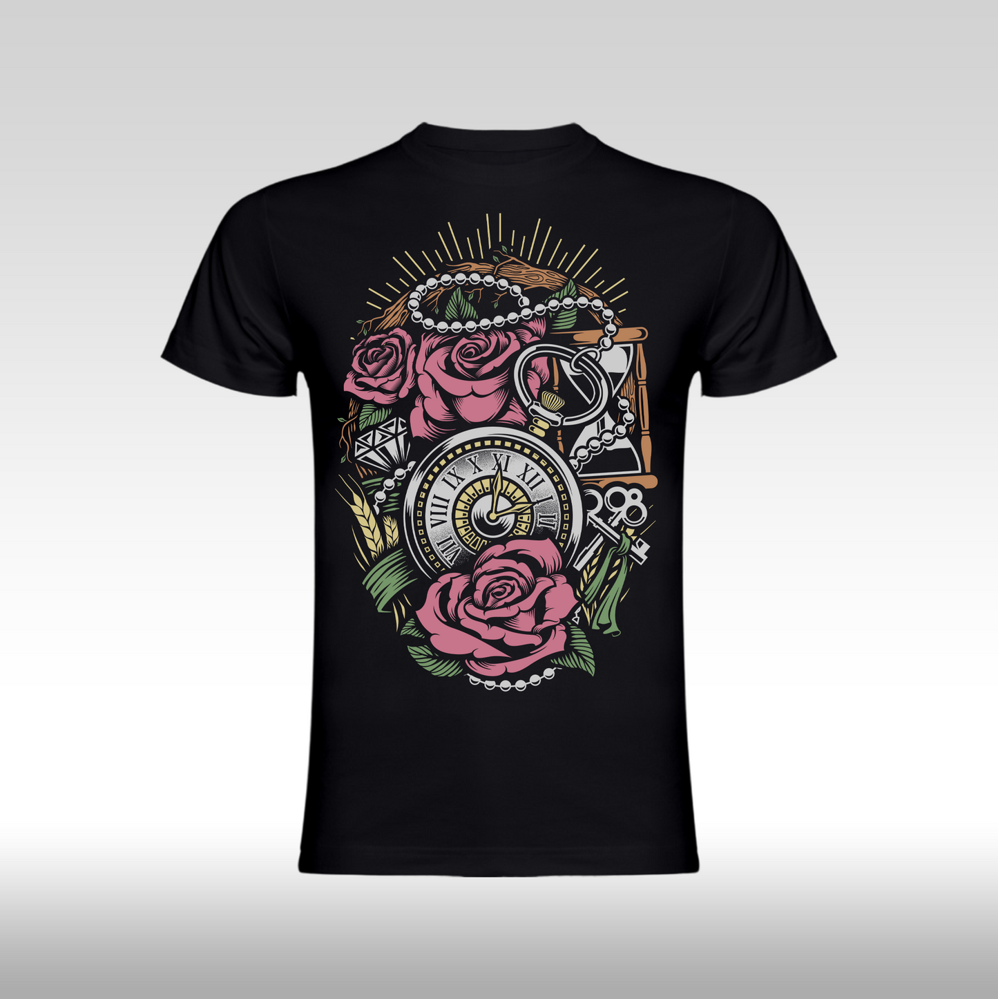 Tricou Negru personalizat bumbac Fata Dama ceas "Time and Roses" streetwear
