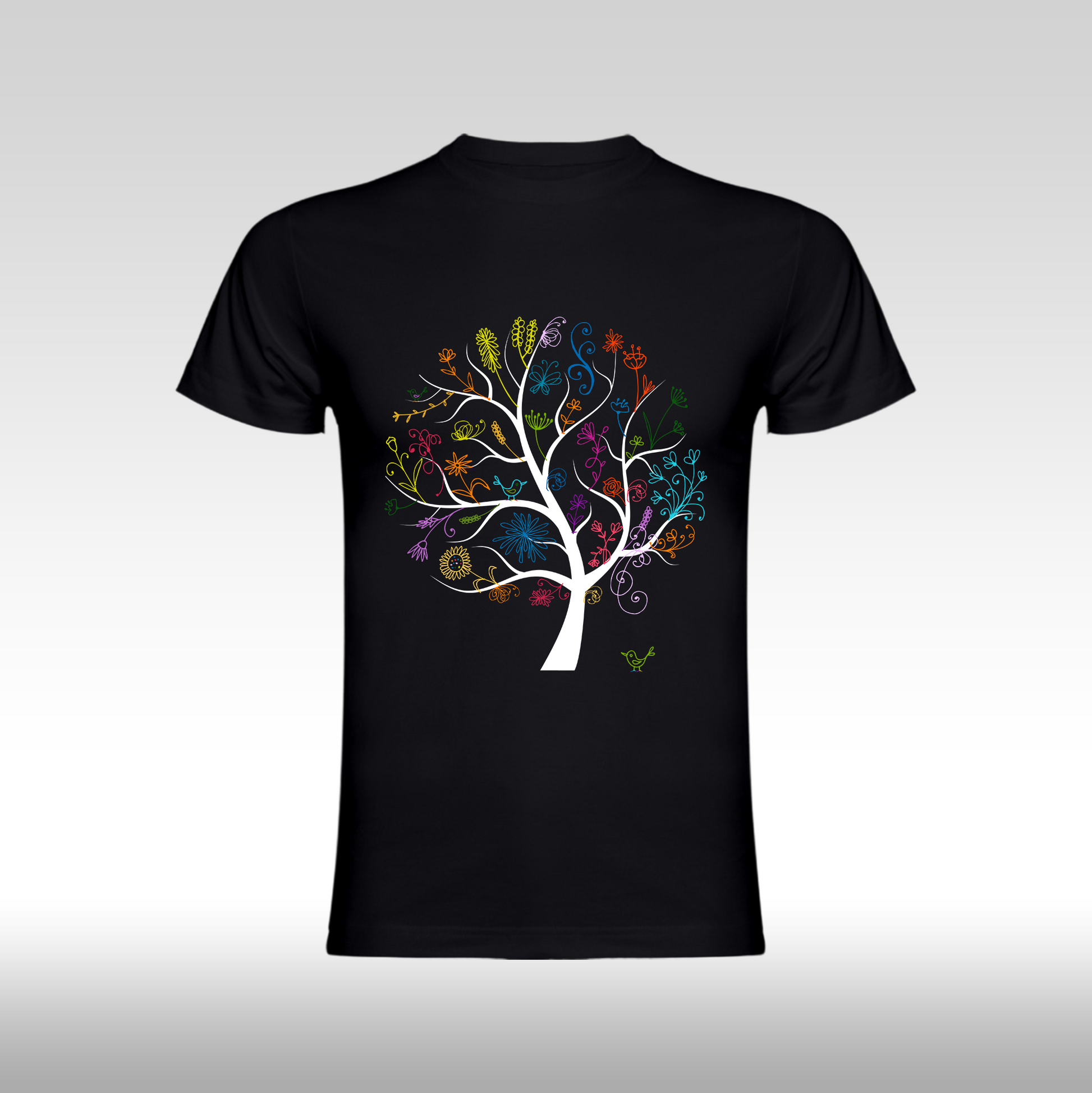 Tricou Negru personalizat bumbac Fata Dama  copac "Rainbow Tree" streetwear
