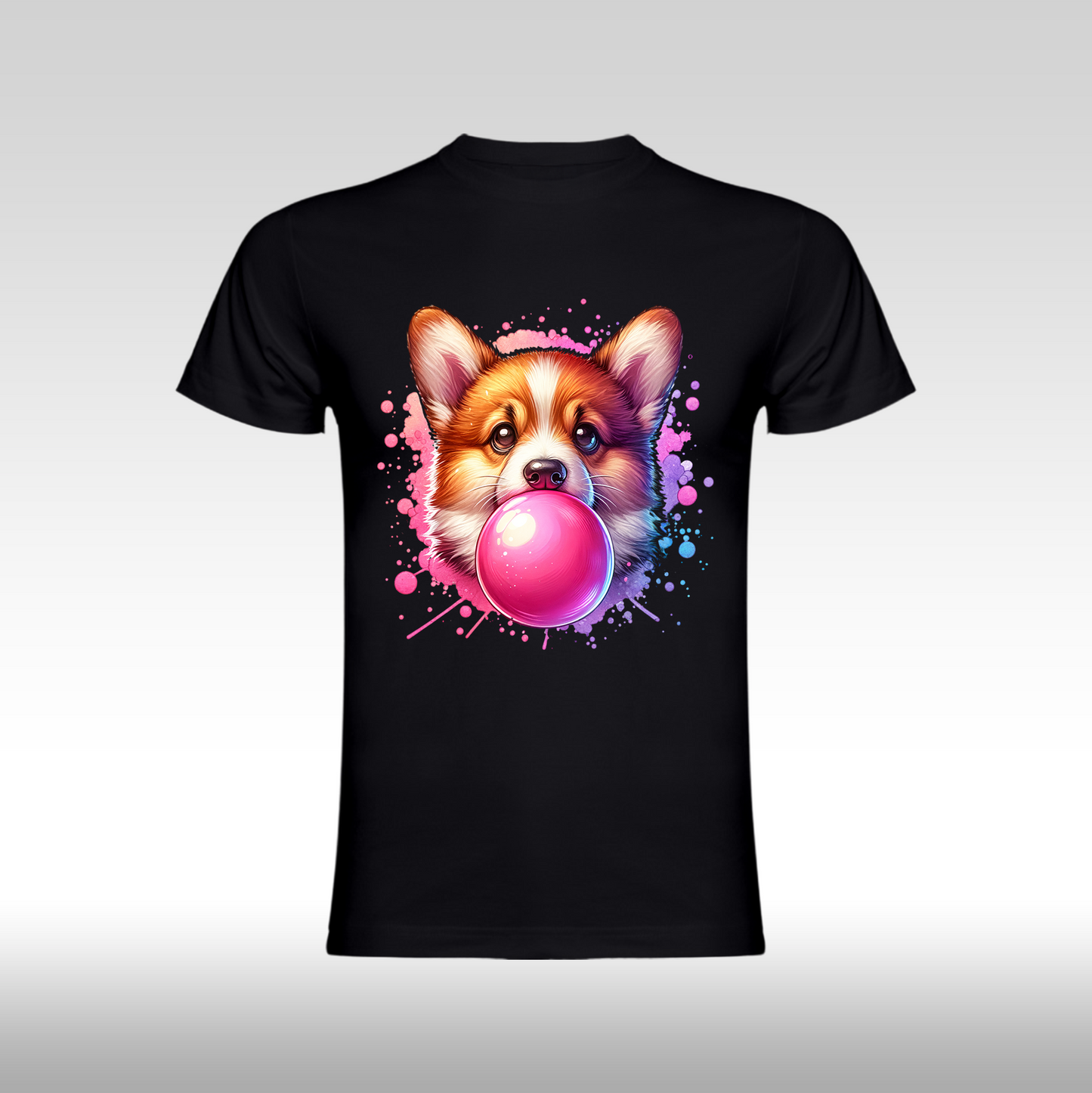 Tricou Negru personalizat bumbac Fata Dama corgi catel "Bubble Gum Dog" streetwear
