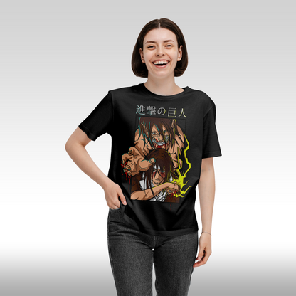 Tricou Negru personalizat bumbac Fata Dama anime "Attack On Titan: Eren" streetwear
