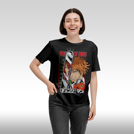 Tricou Negru personalizat bumbac Fata Dama anime "Chainsaw Man: Denji" streetwear
