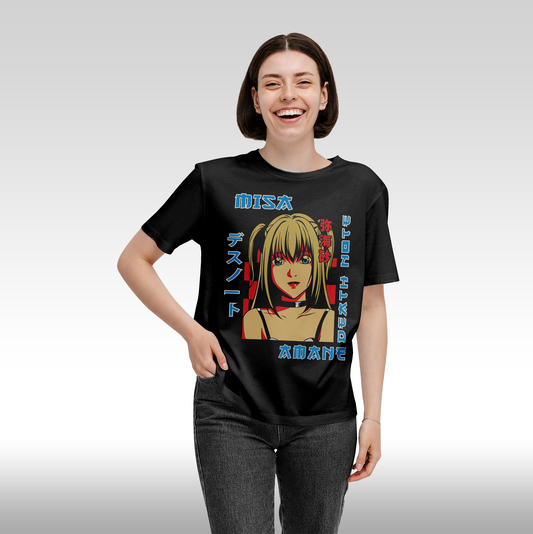Tricou Negru personalizat bumbac Fata Dama anime "Death Note: Misa" streetwear
