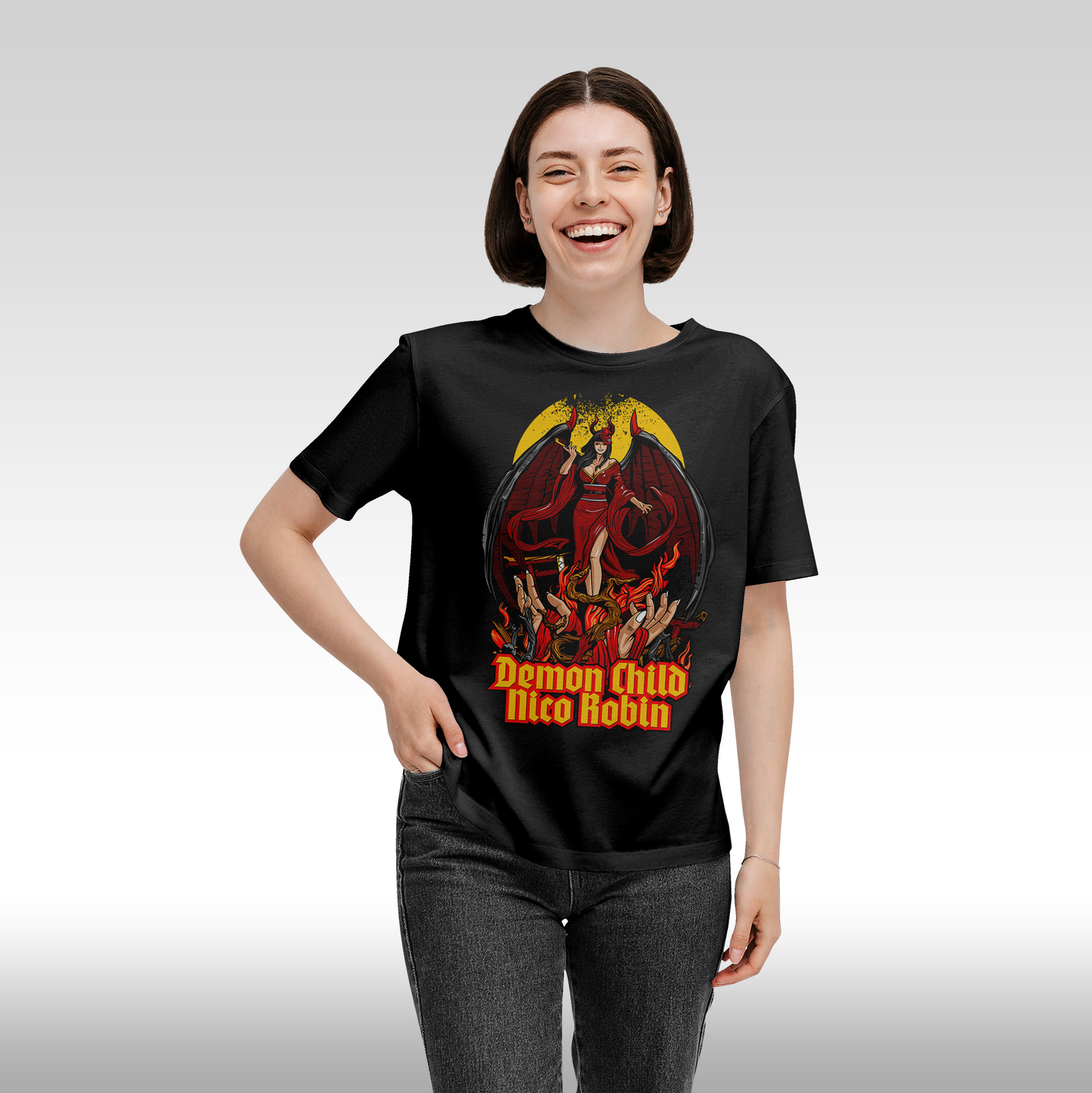 Tricou Negru personalizat bumbac Fata dama anime "Demon Child Nico Robin" streetwear
