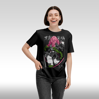 Tricou Negru personalizat bumbac Fata Dama anime "Demon Slayer: Mitsuri" streetwear
