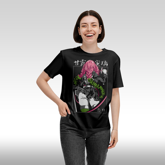 Tricou Negru personalizat bumbac Fata Dama anime "Demon Slayer: Mitsuri" streetwear
