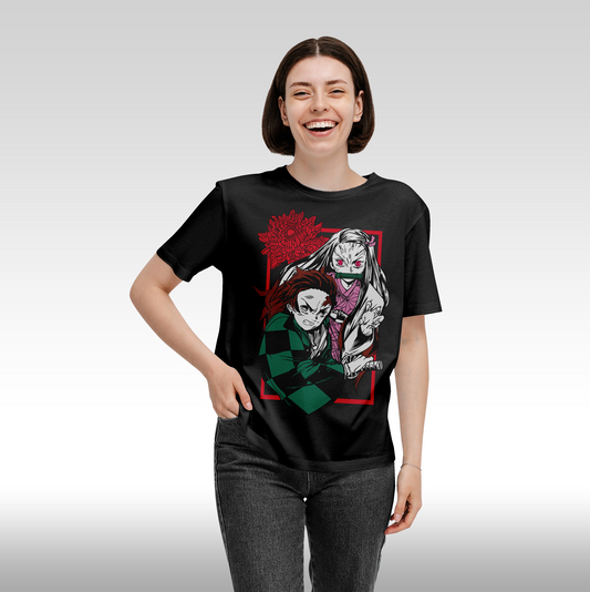 Tricou Negru personalizat bumbac Fata Dama anime "Demon Slayer: Nezuko Kamado" streetwear
