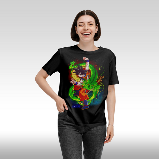 Tricou Negru personalizat bumbac Fata Dama anime "Dragon Ball Z: Goku, Shenron" streetwear
