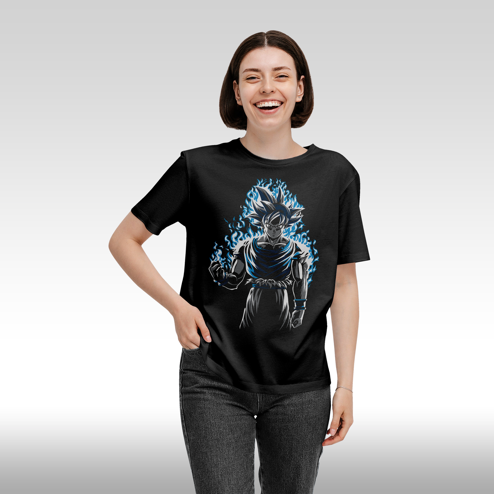 Tricou Negru personalizat bumbac Fata Dama anime "Dragon Ball Z: Goku Ultra Instinct" streetwear
