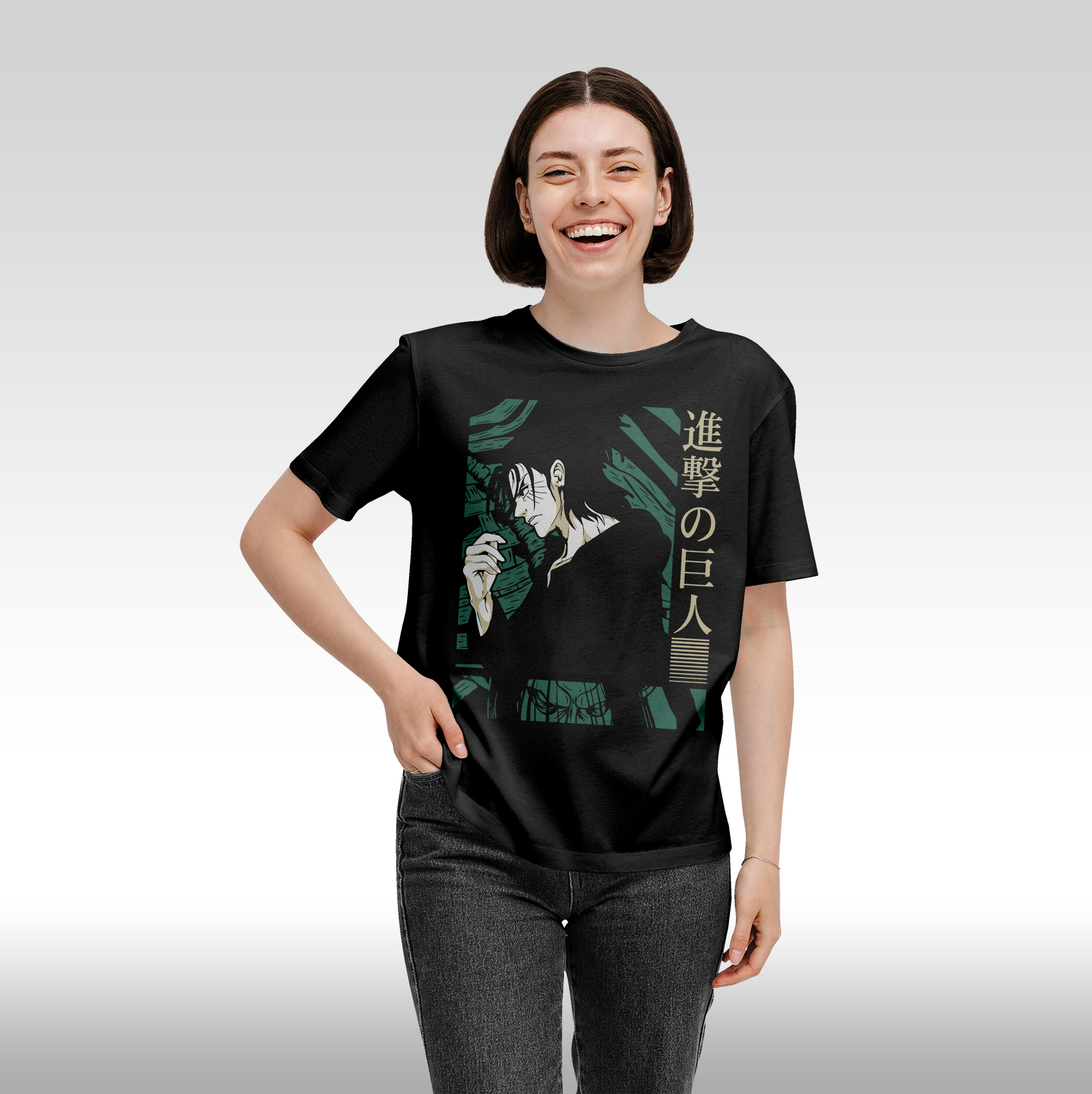 Tricou Negru personalizat bumbac Fata Dama anime "Eren Yeager" streetwear
