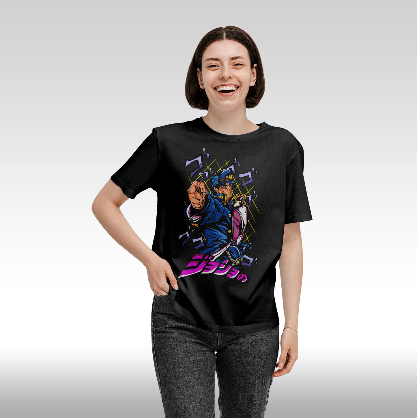 Tricou Negru personalizat bumbac Fata Dama anime "Jojo's Bizzare Adventure: Jotaro Kujo" streetwear
