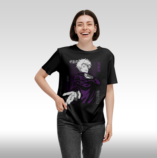 Tricou Negru personalizat bumbac Fata Dama anime "Jujutsu Kaisen: Satoru Gojo" streetwear
