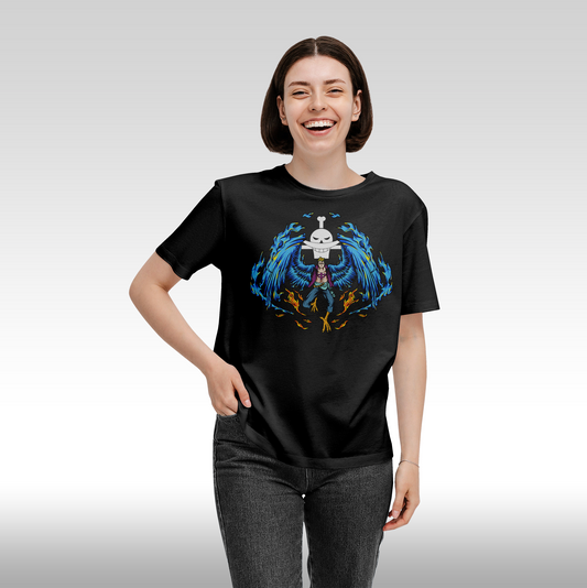 Tricou Negru personalizat bumbac Fata Dama anime "One Piece Marco The Phoenix" streetwear
