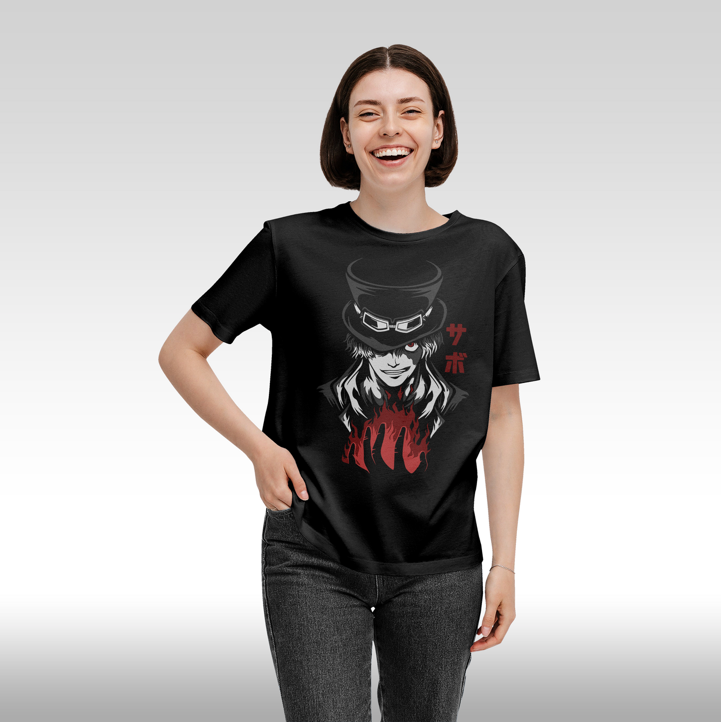 Tricou Negru personalizat bumbac Fata Dama anime "One Piece Sabo" streetwear
