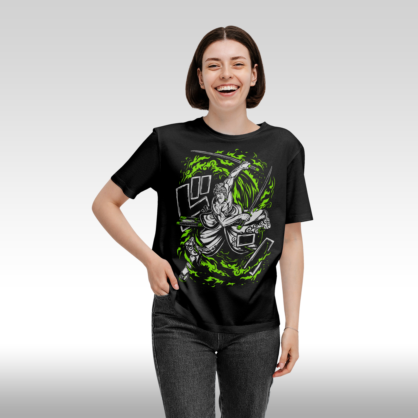 Tricou Negru personalizat bumbac Fata Dama anime "One Piece Zoro Inferno Slash" streetwear
