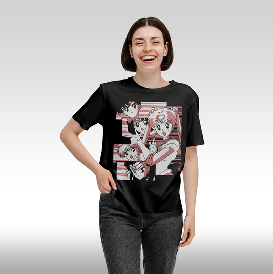Tricou Negru personalizat bumbac Fata Dama anime "Sailor Moon" streetwear
