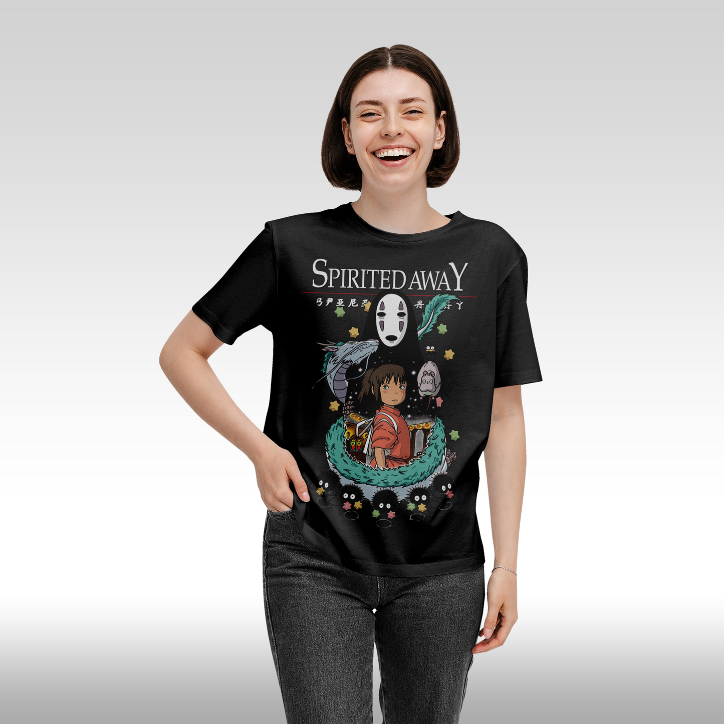 Tricou Negru personalizat bumbac Fata Dama anime "Spirited Away" streetwear
