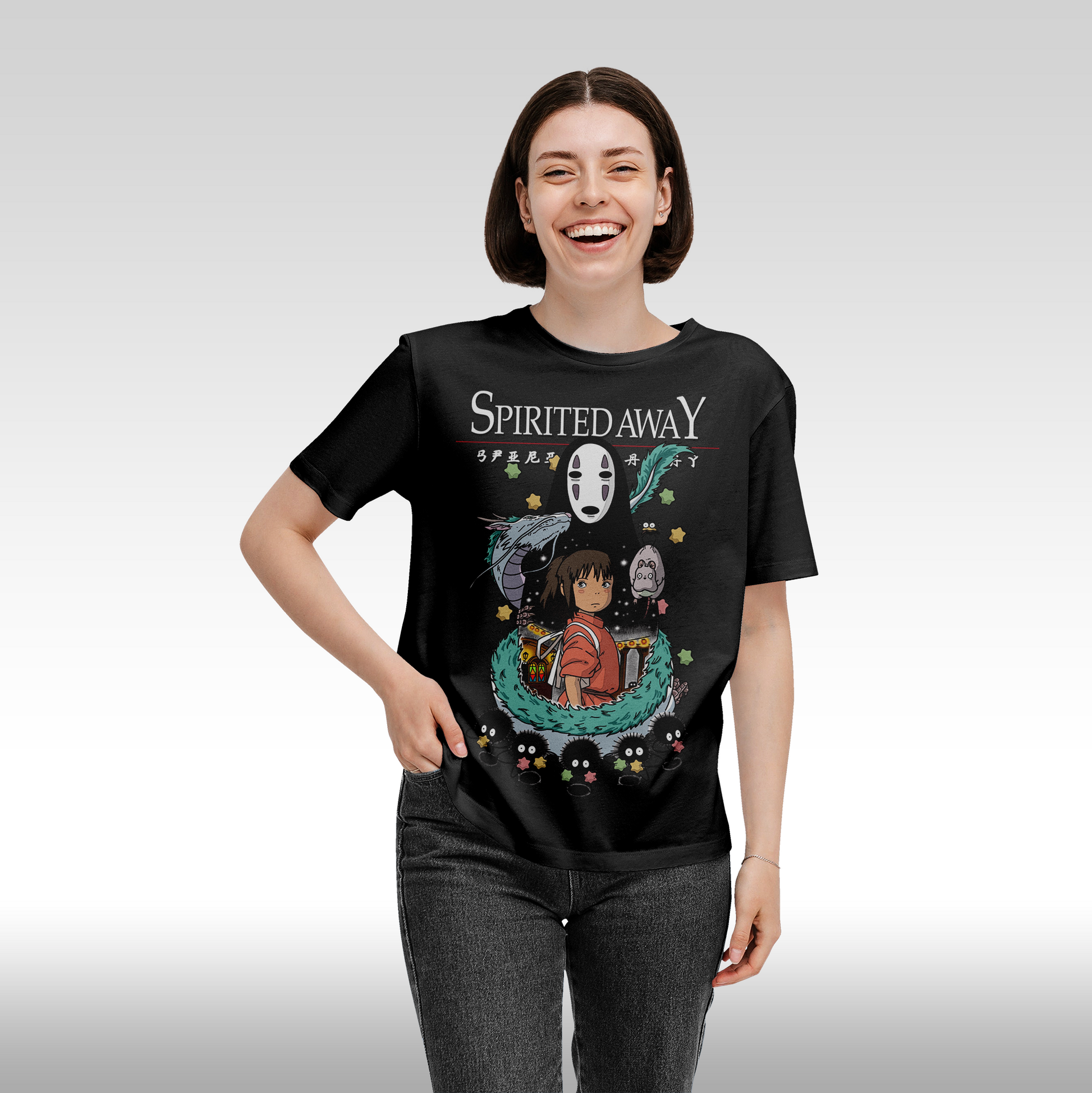 Tricou Negru personalizat bumbac Fata Dama anime "Spirited Away" streetwear
