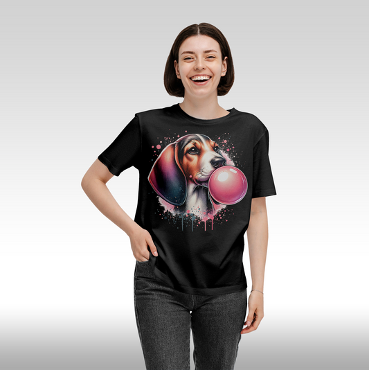 Tricou Negru personalizat bumbac Fata Dama beagle "Puppy Pop" streetwear
