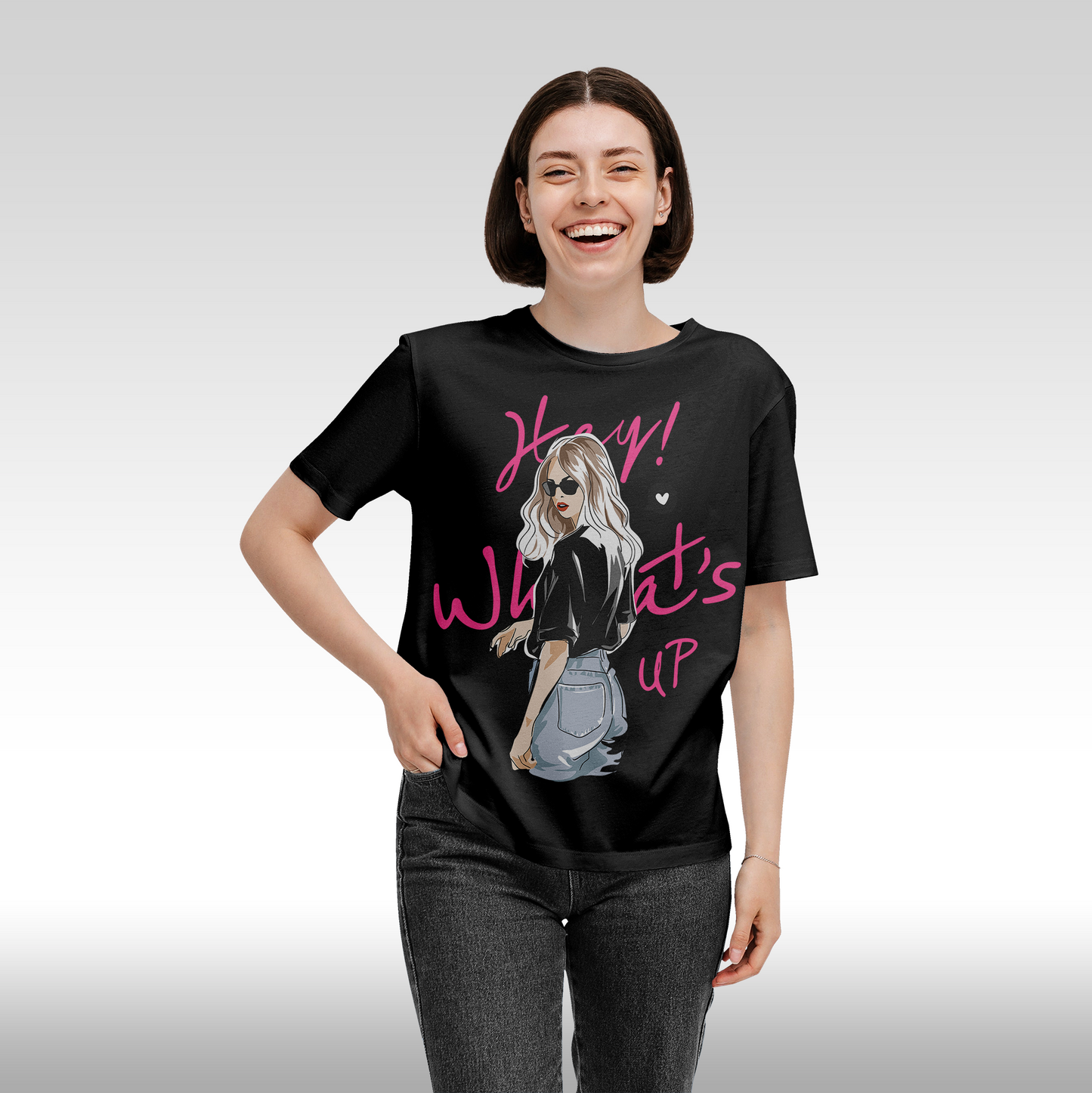 Tricou Negru personalizat bumbac Fata Dama blonda "Hey! What's Up" streetwear
