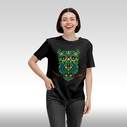 Tricou Negru personalizat bumbac Fata Dama bufnita "Emerald Owl" streetwear
